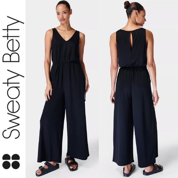 Sweaty Betty Cruise Jumpsuit Wide Leg Pants in Black Minimalist Loungewear S - Picture 1 of 16